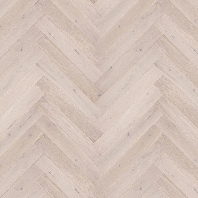 Timba Floor Brushed White Lacquered LOC Engineered European Oak Herringbone 14/3mm x 110mm